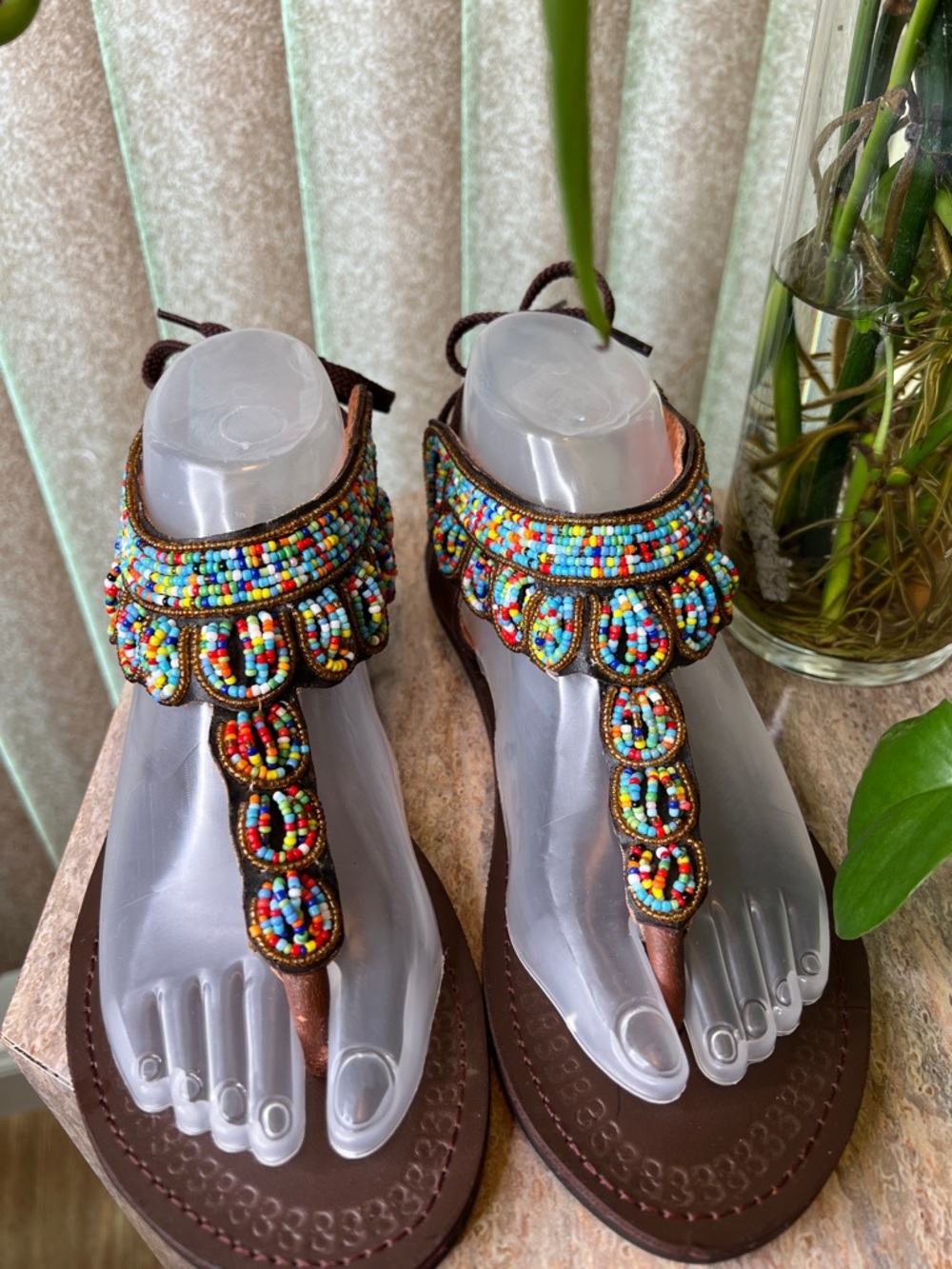 Hand-Beaded Multicolor T-Strap Women's Sandals w/ tie backs S-39